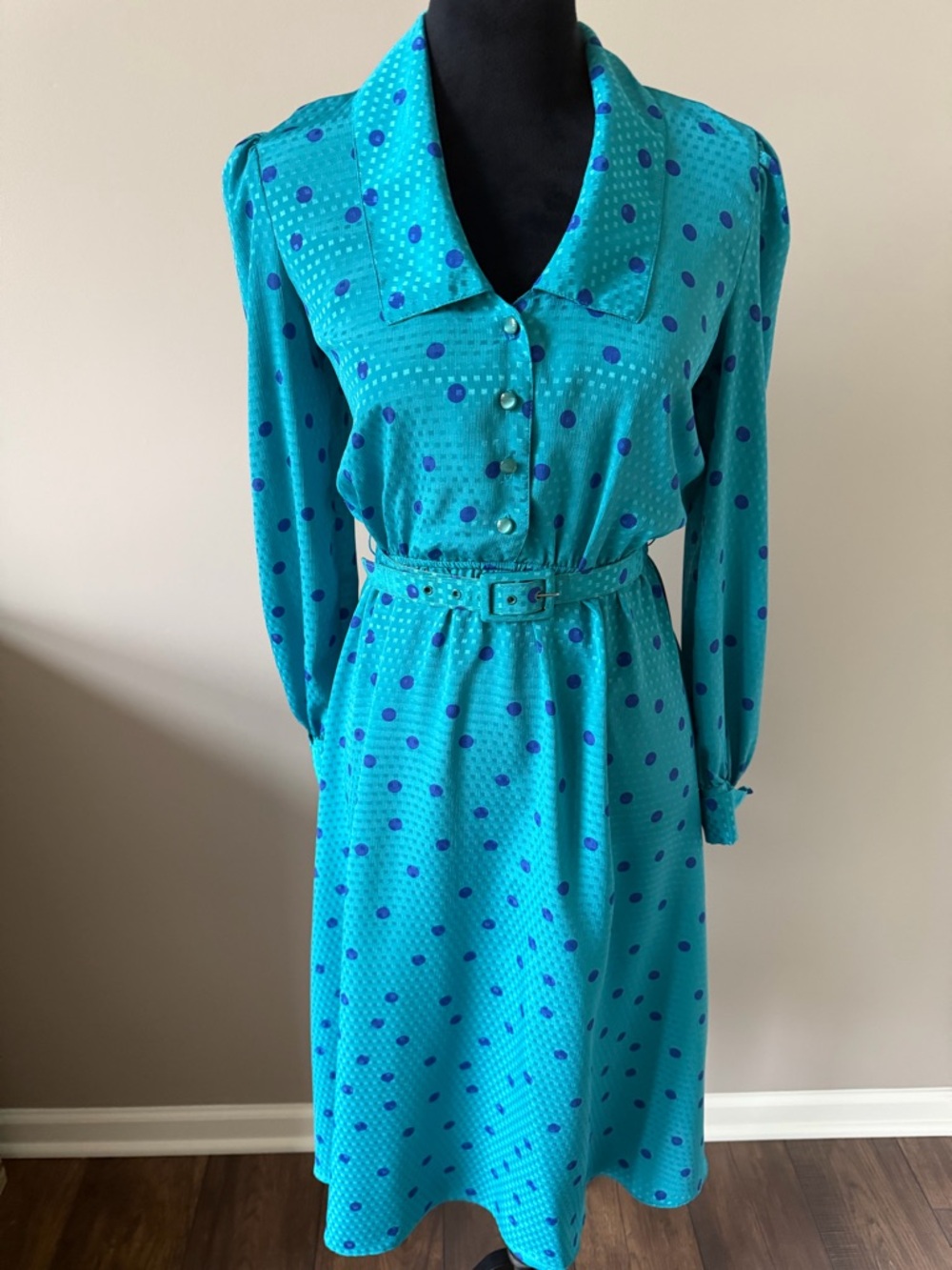 Coco of California Vintage Teal & Purple Polka Dot Belted Shirt Dress Size 8